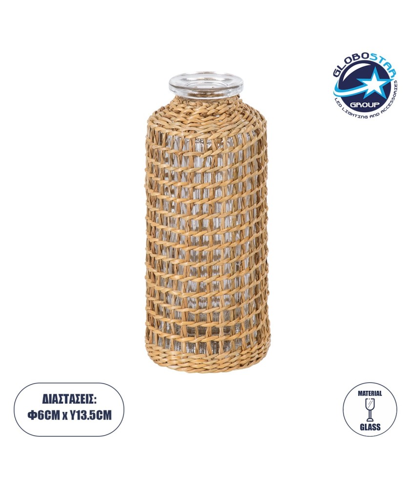 GloboStar® MANDY 35623 Διακοσμητικό Βάζο Γυάλινο Διάφανο με Μπαμπού Φ6 x Υ13.5cm